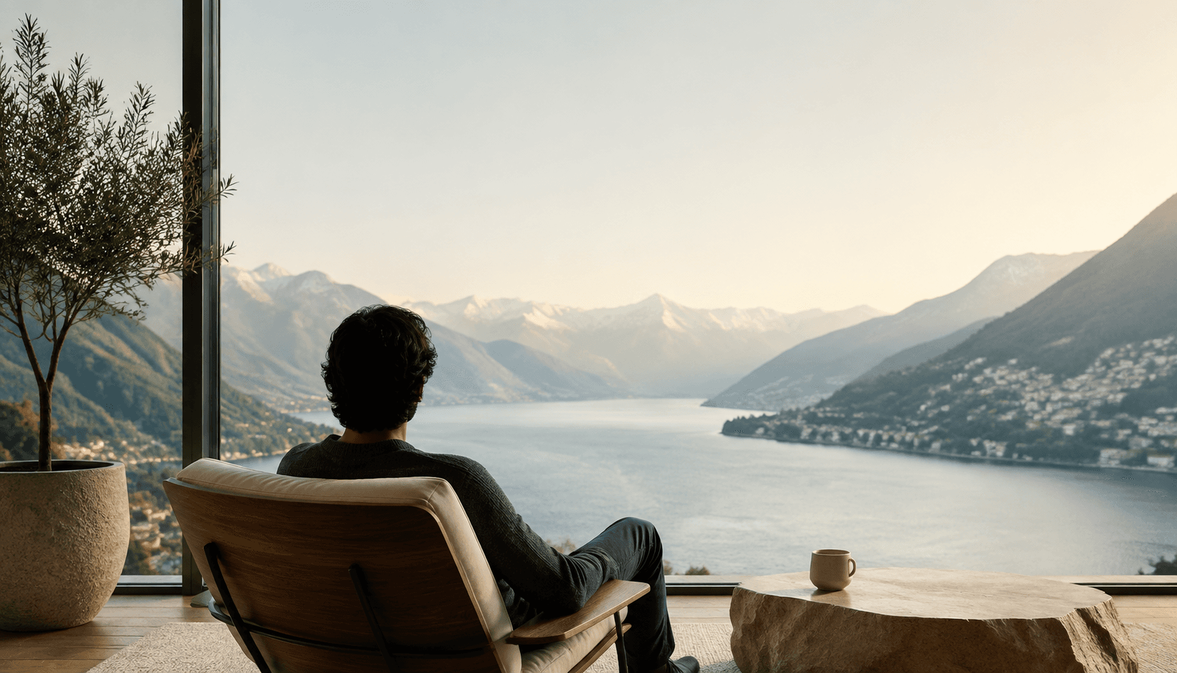 A person in a lounge chair contemplating a sunlit lake and distant mountains.